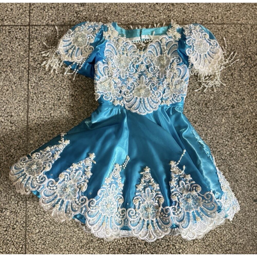 Vintage 80s 90s Girls Pageant Dress Princess Blue White Beaded Costume 6
